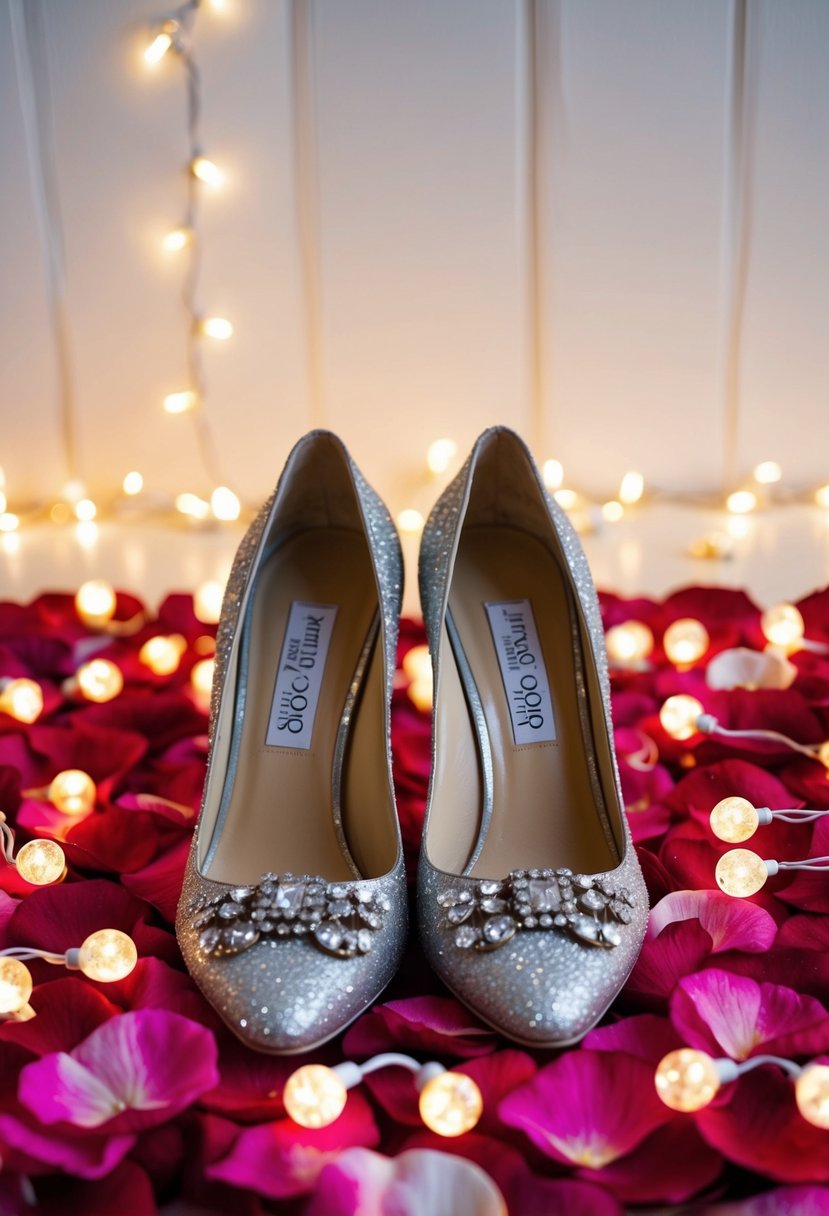 A pair of Jimmy Choo Romy Pumps placed delicately on a bed of rose petals, surrounded by twinkling fairy lights