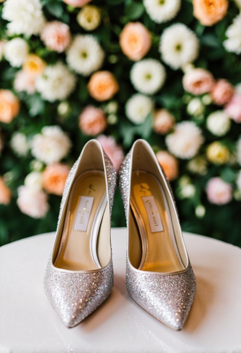 Glittery Kate Spade New York heels on a floral wedding backdrop