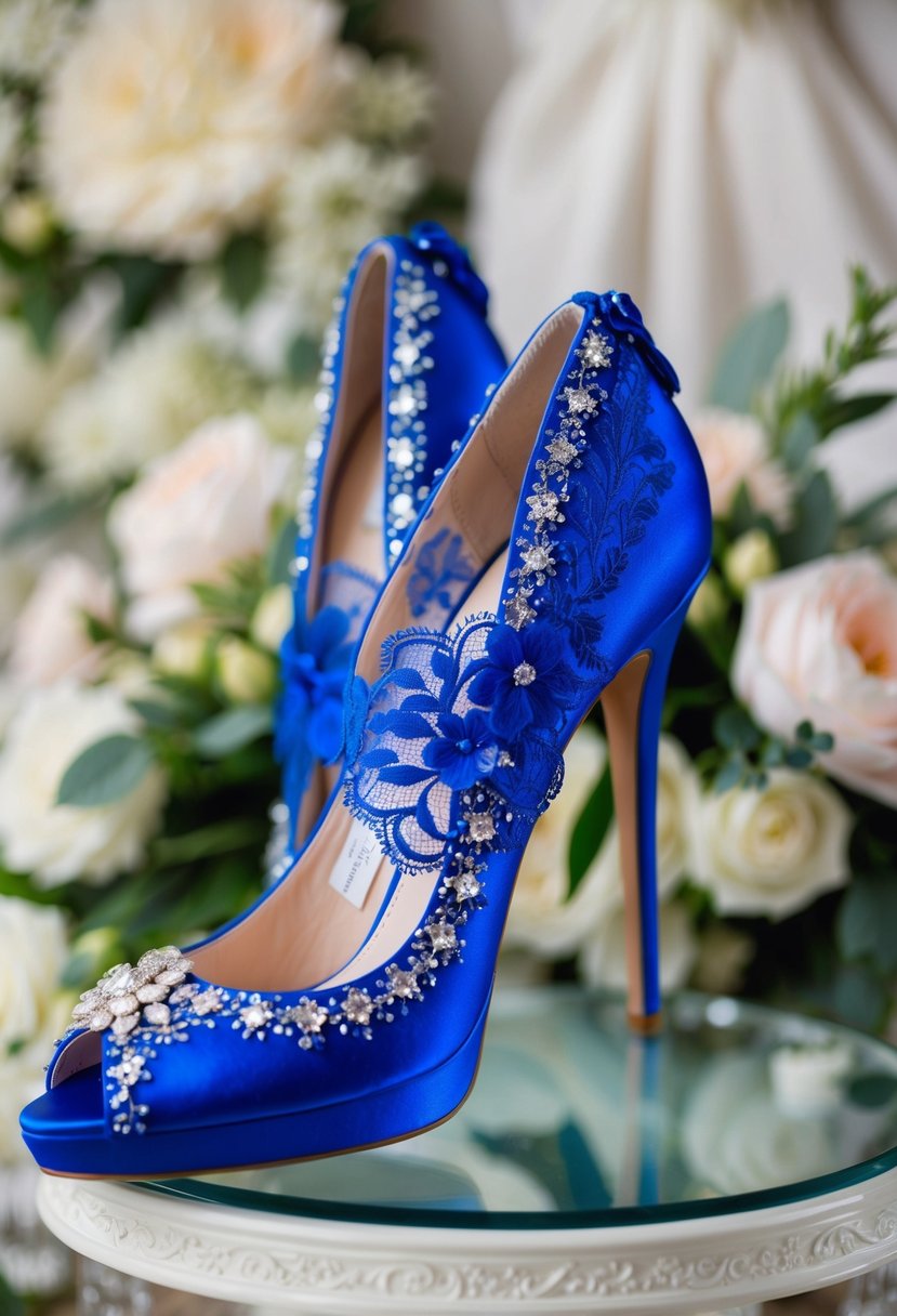 A pair of vibrant blue Betsey Johnson bridal heels adorned with delicate lace and sparkling embellishments, set against a backdrop of soft, romantic florals and elegant wedding decor