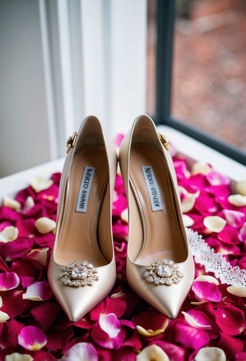 A pair of Manolo Blahnik Hangisi Heels arranged on a bed of rose petals with a delicate lace garter nearby