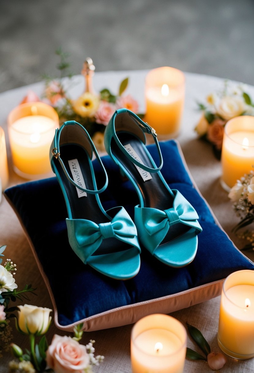 A pair of Aquazzura Bow Tie Sandals sits on a luxurious velvet cushion, surrounded by delicate floral arrangements and soft candlelight