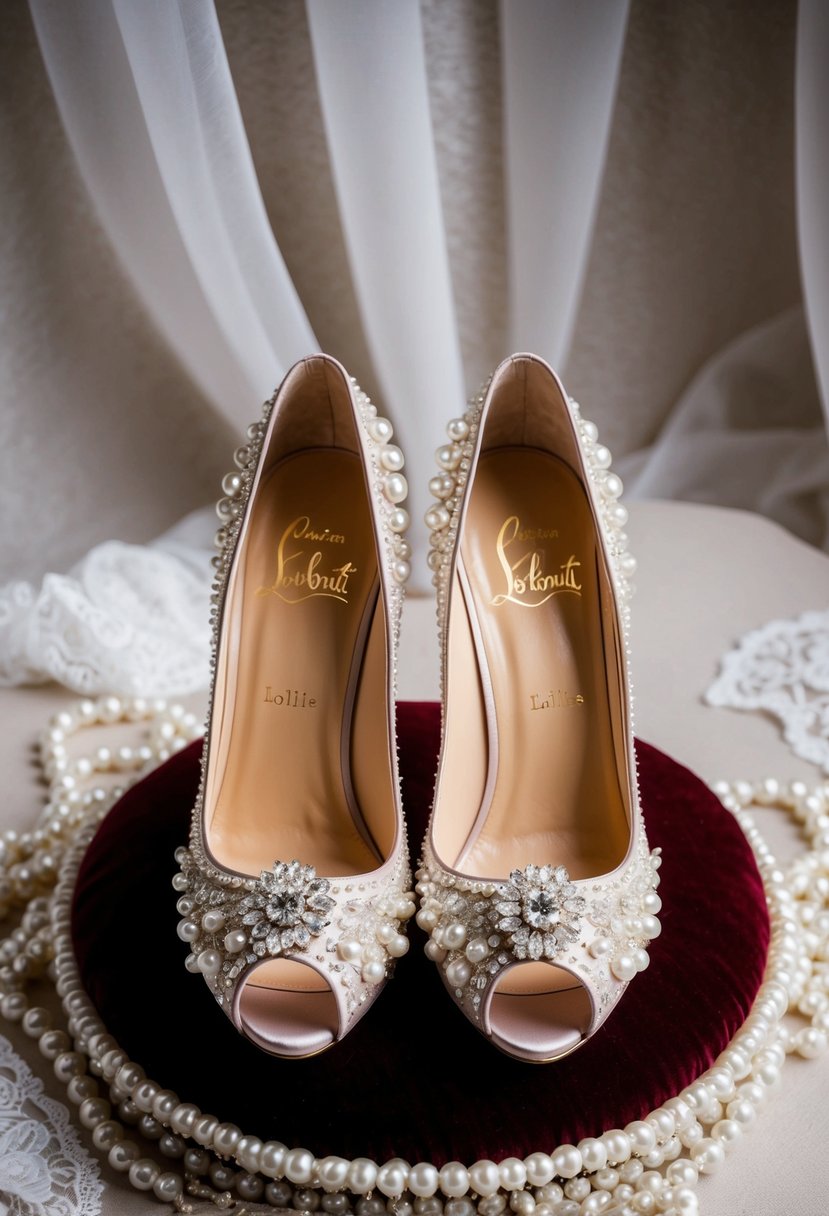 A pair of Christian Louboutin Pigalle Follies wedding shoes displayed on a luxurious velvet cushion, surrounded by delicate lace and shimmering pearls