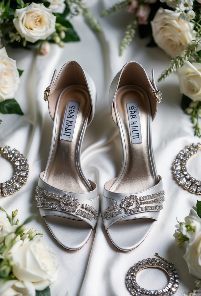 A pair of elegant Sarah Flint Perfect Sandals placed on a white satin background, surrounded by delicate floral arrangements and sparkling jewelry