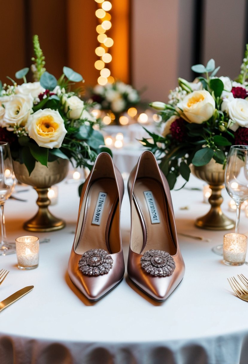 A pair of Sam Edelman Hazel Pumps placed on a decorated table at a wedding reception, surrounded by floral arrangements and twinkling lights