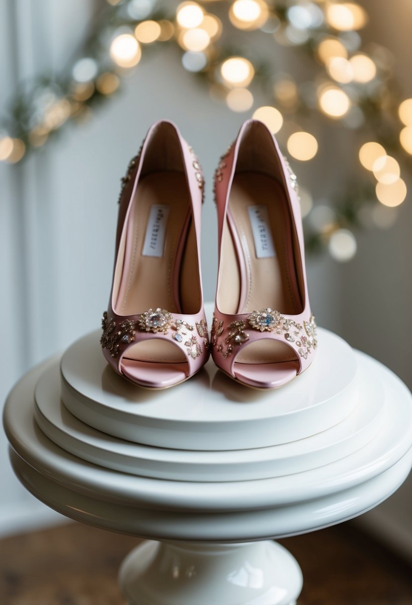 A pair of pinkish heels with delicate embellishments, displayed on a pristine white pedestal
