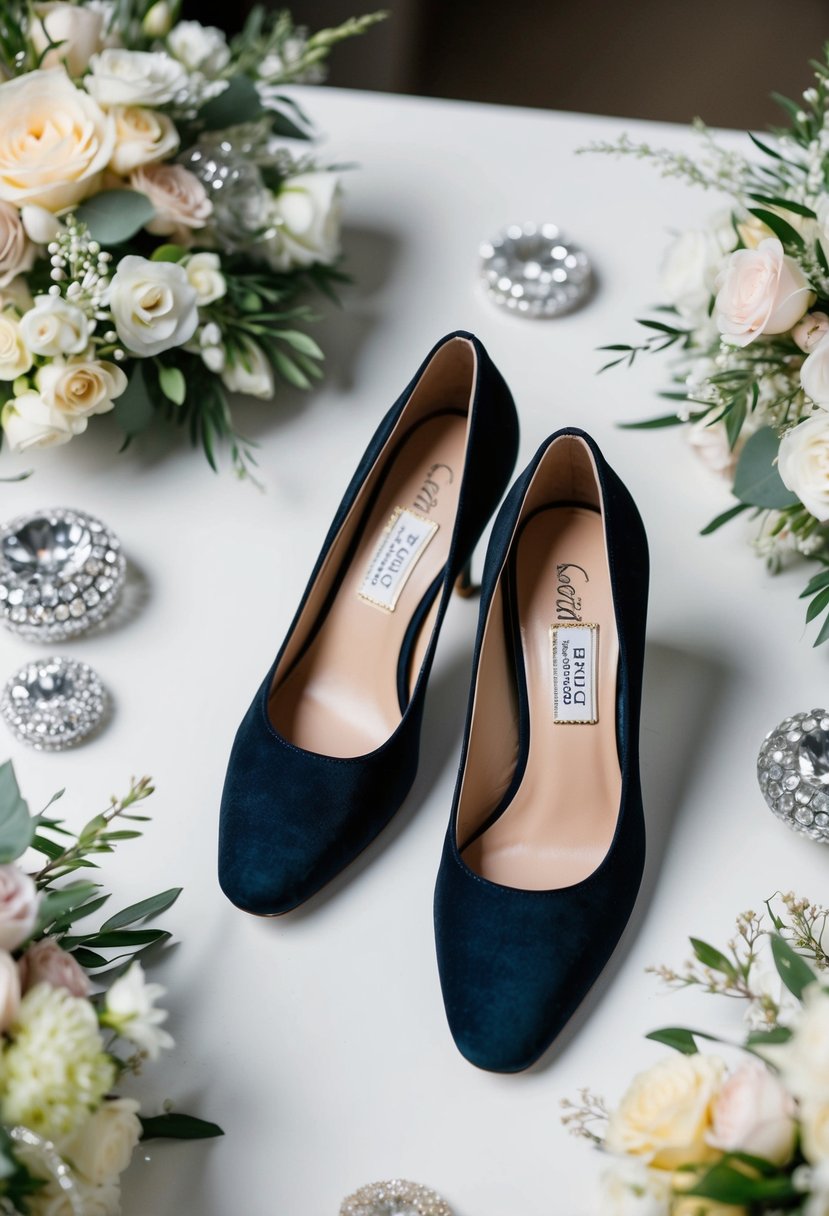 A pair of Clarks Adriel Viola Pumps placed on a pristine white surface, surrounded by delicate floral arrangements and sparkling wedding accessories
