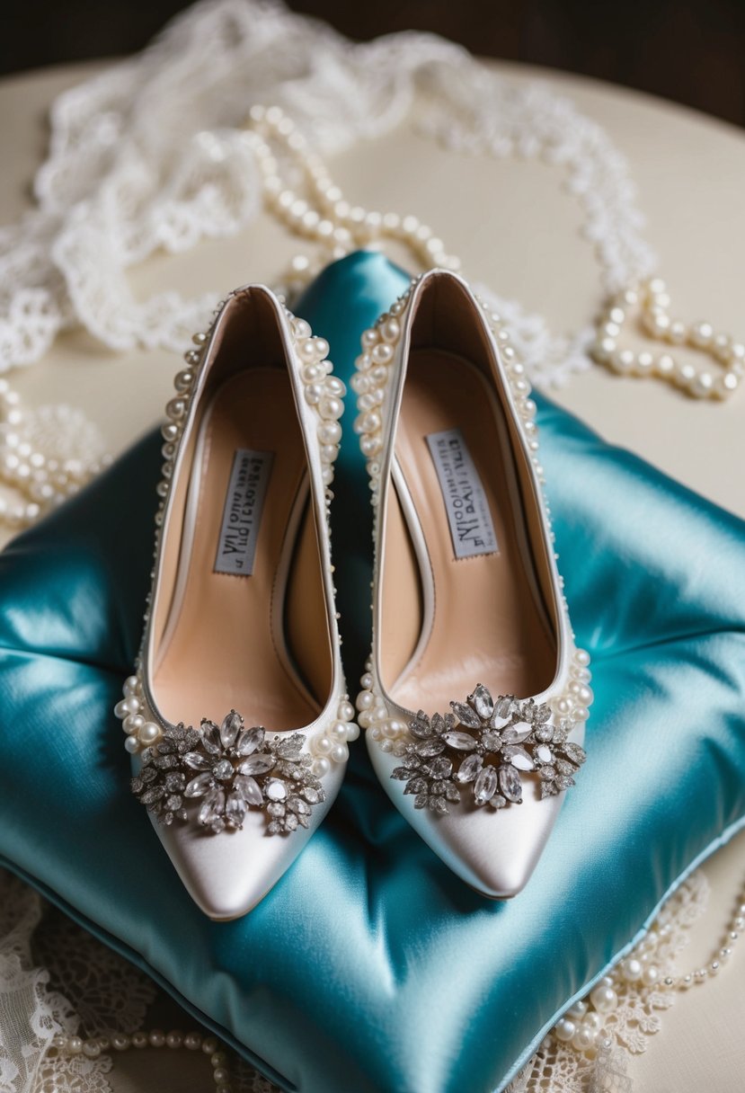 A pair of elegant Jewel Badgley Mischka Jacy wedding shoes placed on a satin cushion with delicate lace and pearl details
