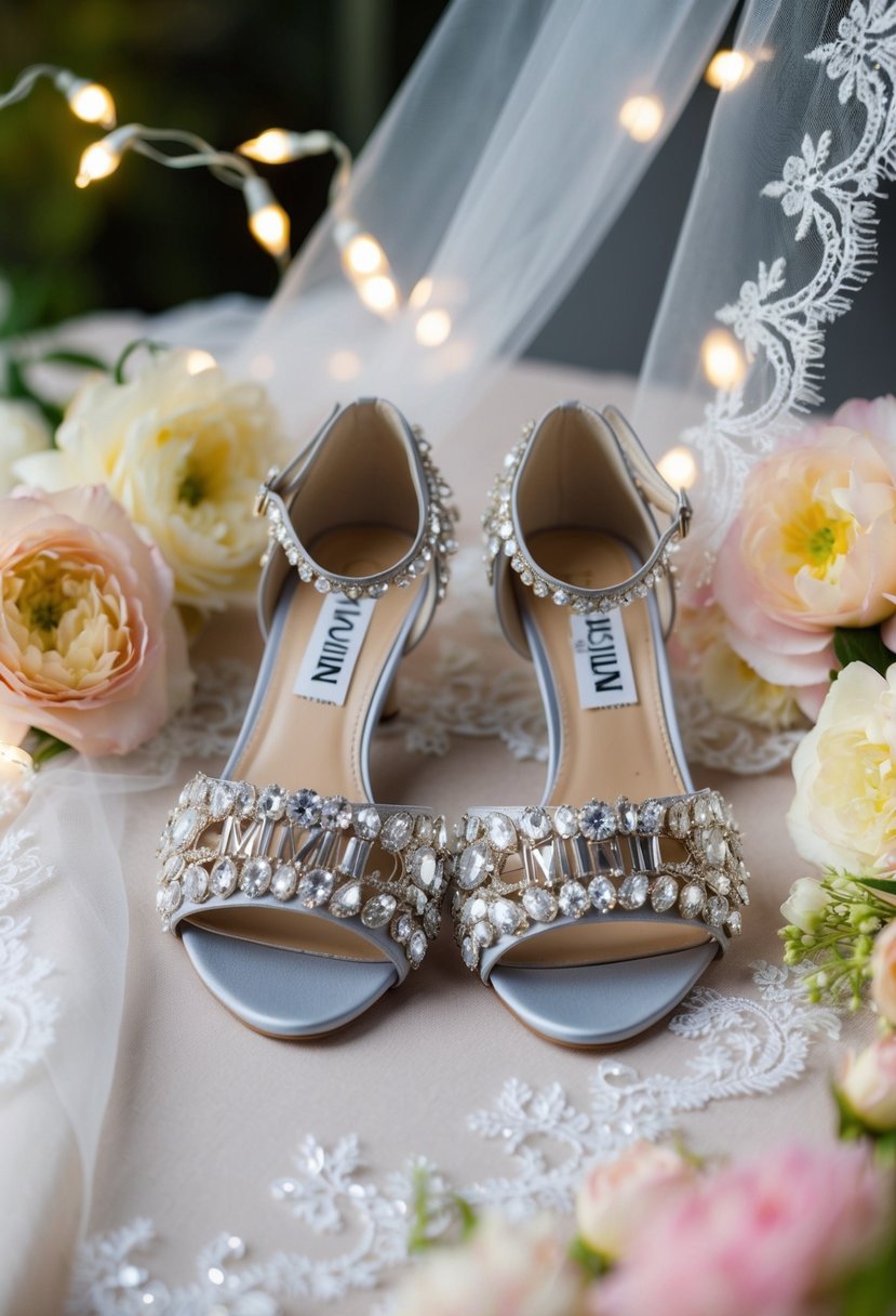 A pair of Miu Miu Crystal Embellished Sandals placed on a delicate lace bridal veil, surrounded by soft pastel flowers and glittering fairy lights