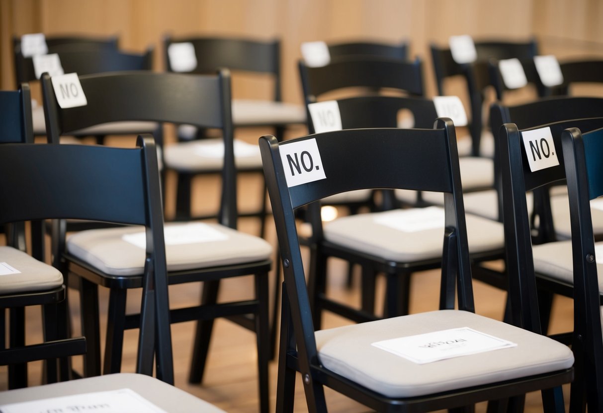 A group of empty chairs, with a few scattered RSVP cards marked "no."