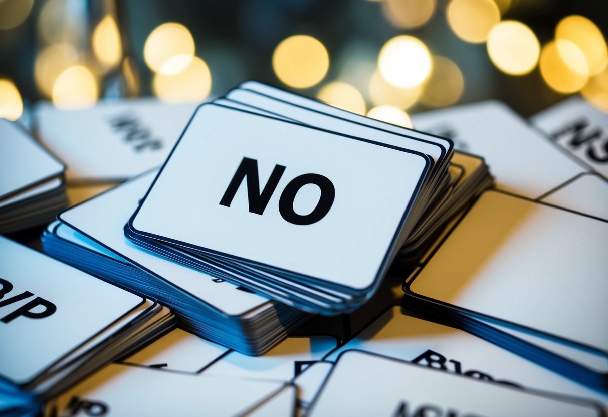 A pile of RSVP cards, with a majority marked "No" in a stack