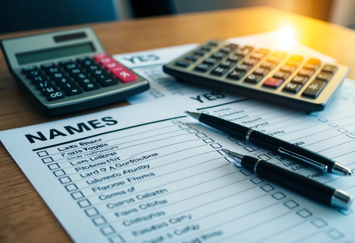 A table with a list of names and checkboxes for "yes" and "no" responses. A calculator and pen are nearby for tallying