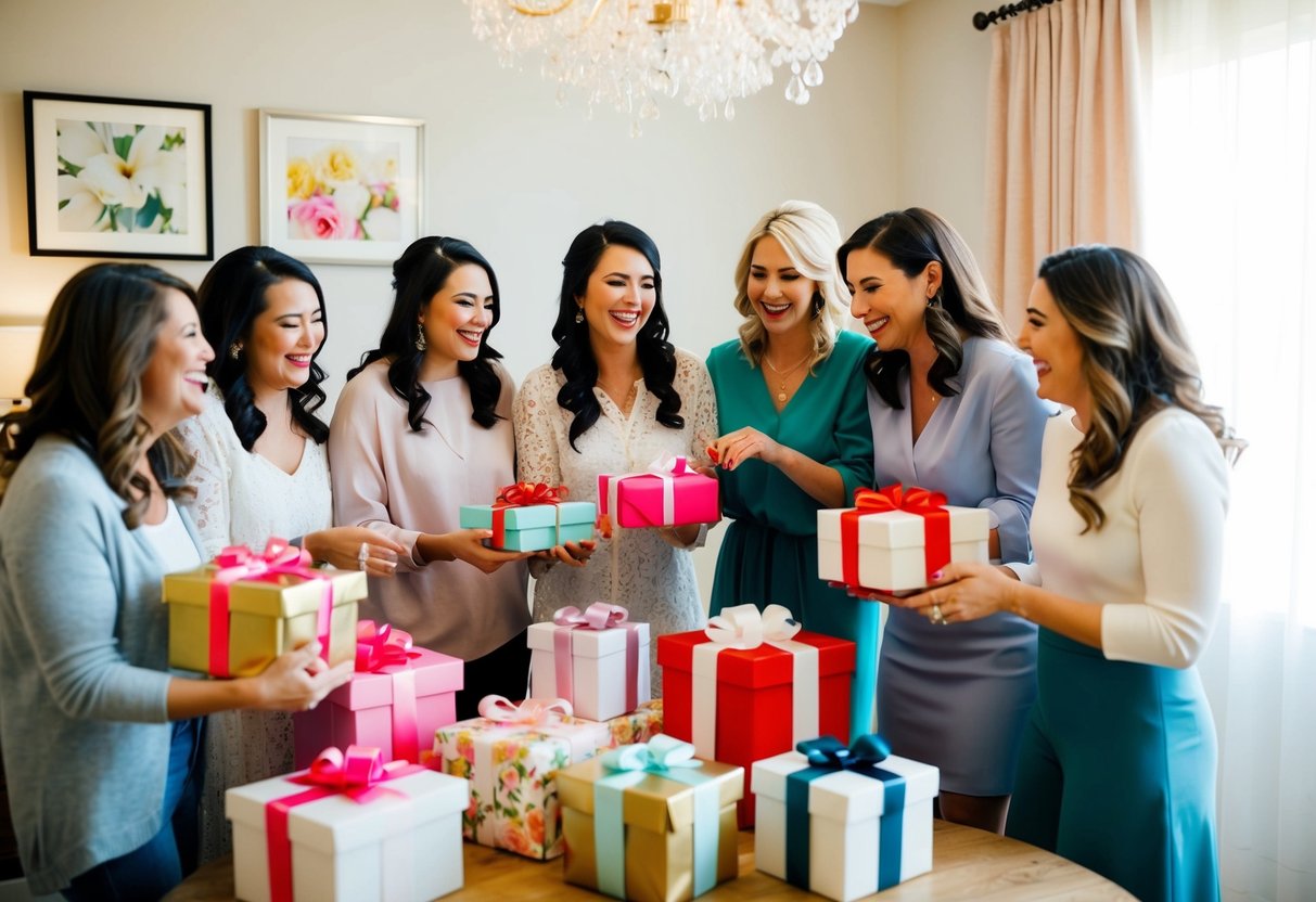 A group of women gather in a decorated room, opening gifts and laughing together, celebrating a bridal shower