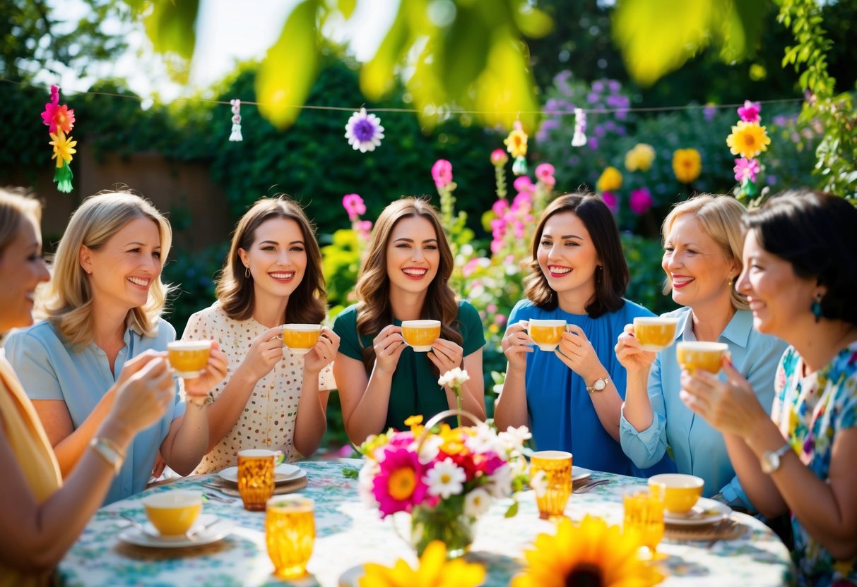 A sunny afternoon with a group of women gathered in a garden, sipping tea and laughing, surrounded by colorful flowers and decorations
