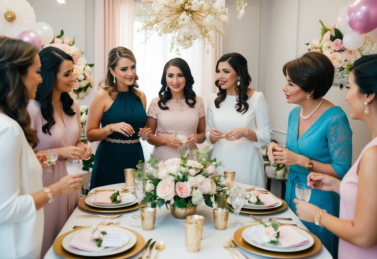 A group of women gather around a table adorned with floral centerpieces and elegant place settings. They are discussing and planning the perfect bridal shower, surrounded by decorations and party favors