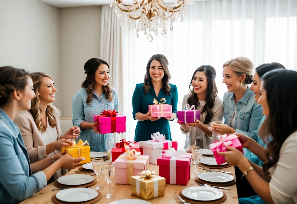 A group of friends gather for a bridal shower, presenting gifts and playing games to celebrate the upcoming wedding