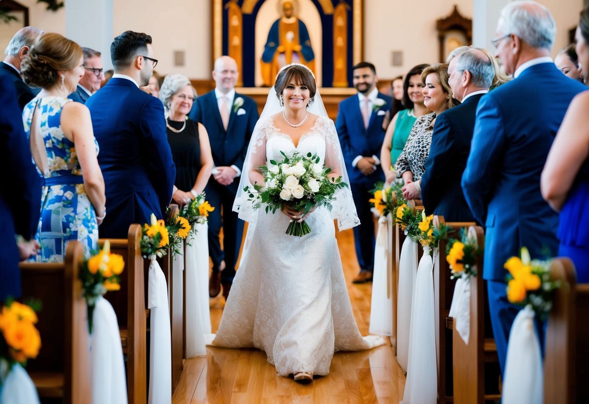 A mother of the bride walks down the aisle, surrounded by cultural and religious symbols representing various traditions