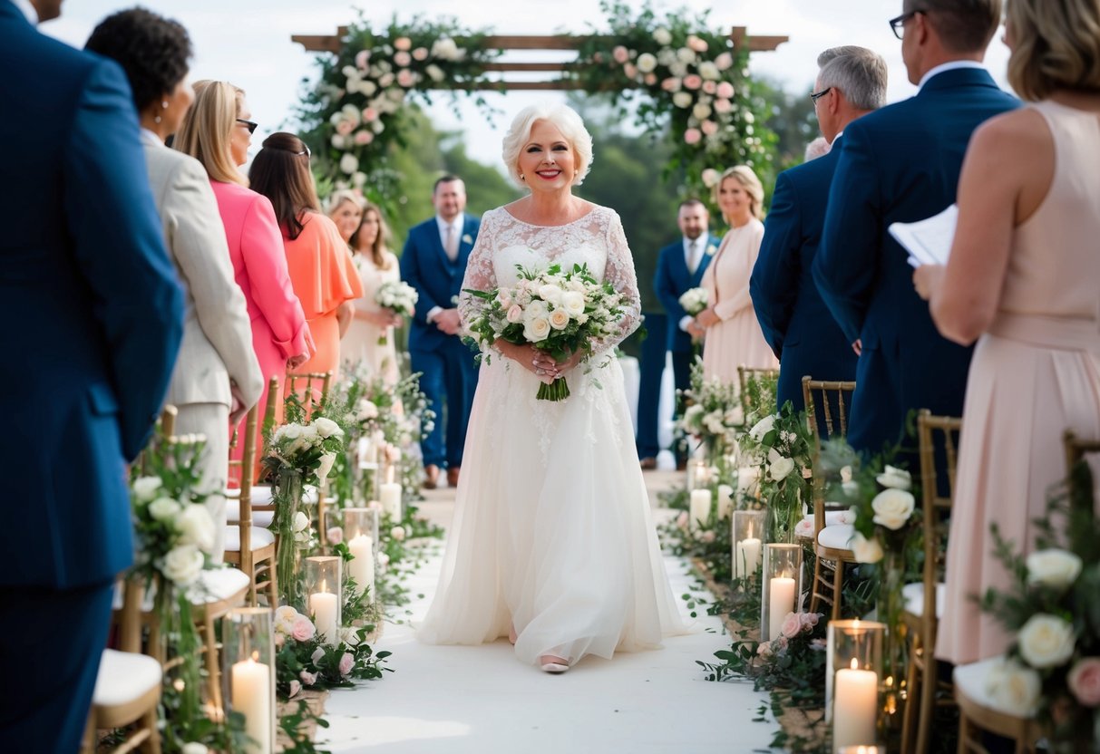 The mother of the bride walks down the aisle, surrounded by floral decorations and soft lighting, as the wedding planner coordinates the processional