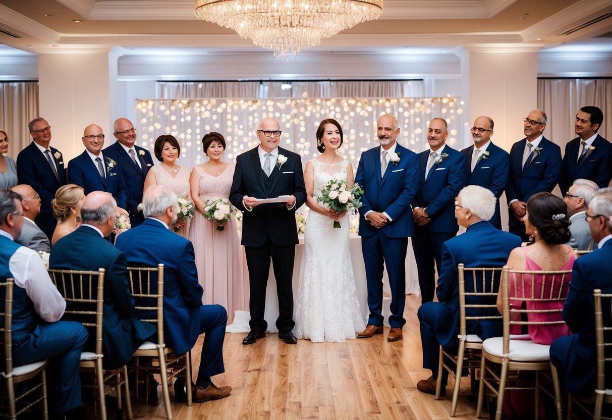 Parents stand at the center of the reception, speaking before the newlyweds, with guests seated and listening attentively