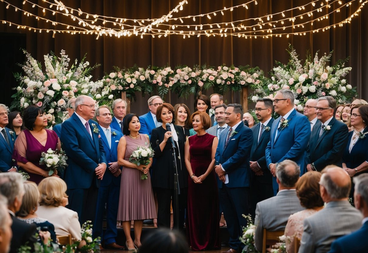 Parents gather with microphones on stage, surrounded by floral arrangements and twinkling lights. A hushed crowd awaits their words