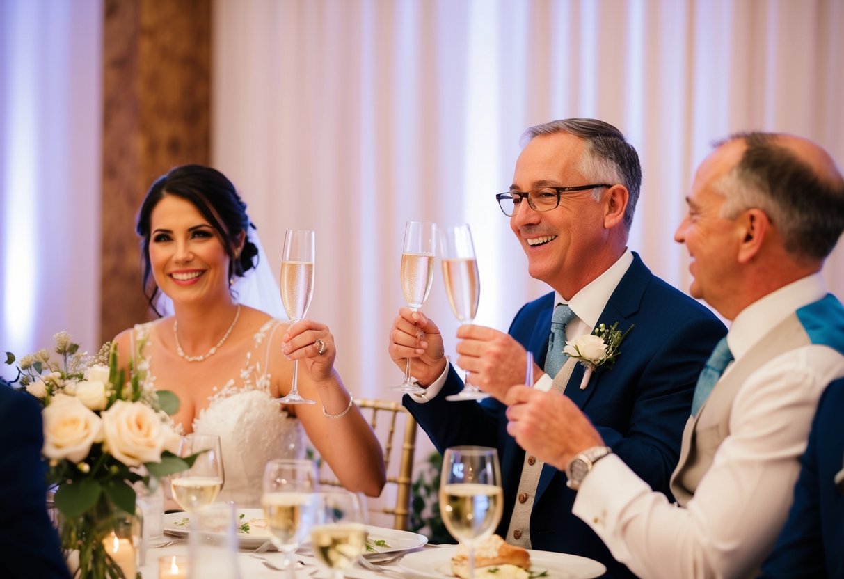 Parents toast with champagne, smiling as they share heartfelt speeches at a wedding reception