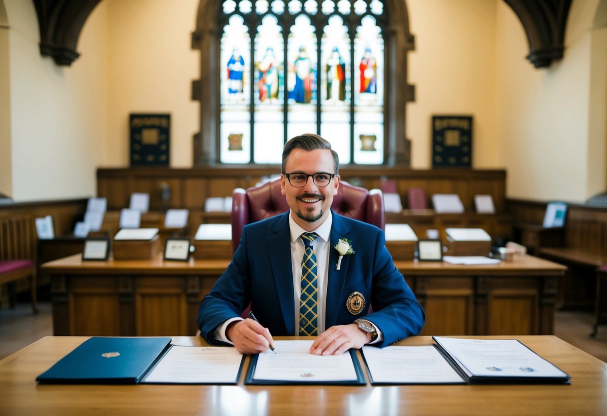 A registrar sits at a desk in a town hall, surrounded by official documents and a wedding register