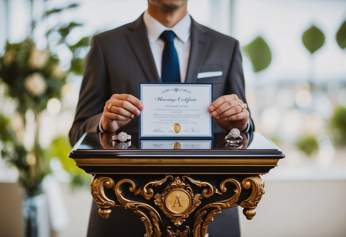 A person standing at an ornate podium with a marriage certificate and two wedding rings on display