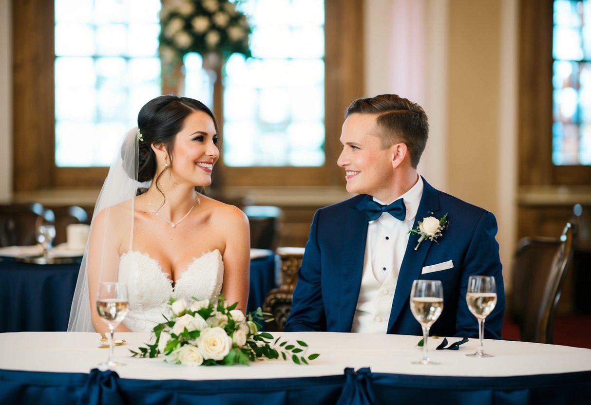 The bride sits next to the groom on the top table