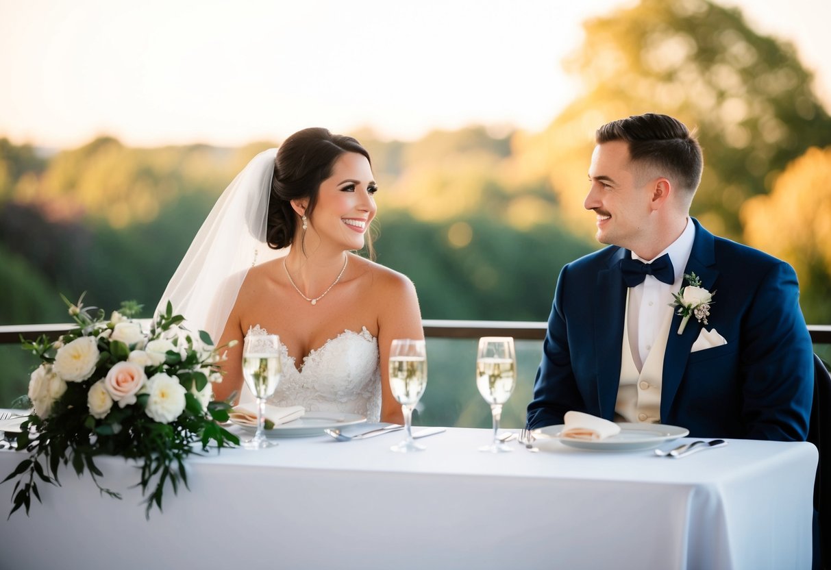 The bride sits next to the groom on the top table