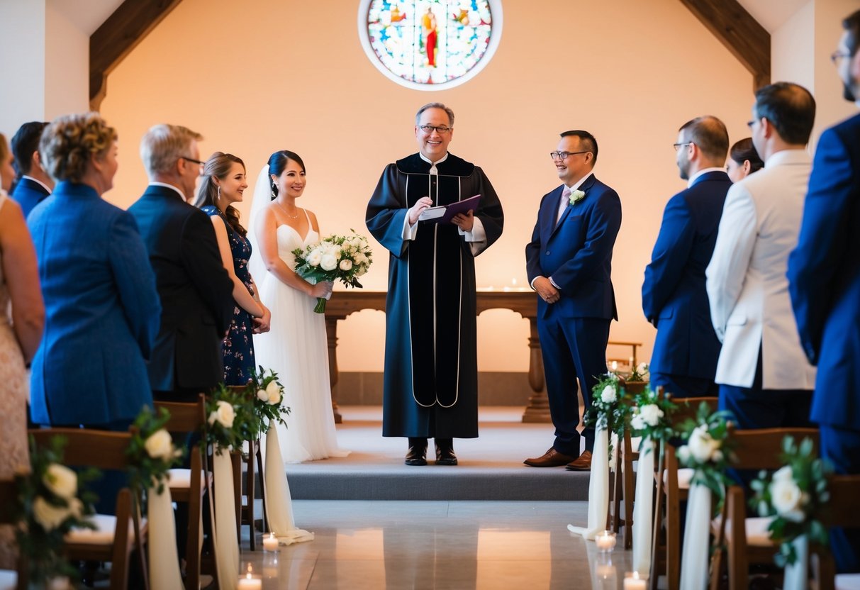 The wedding officiant enters first, standing at the front of the ceremony space