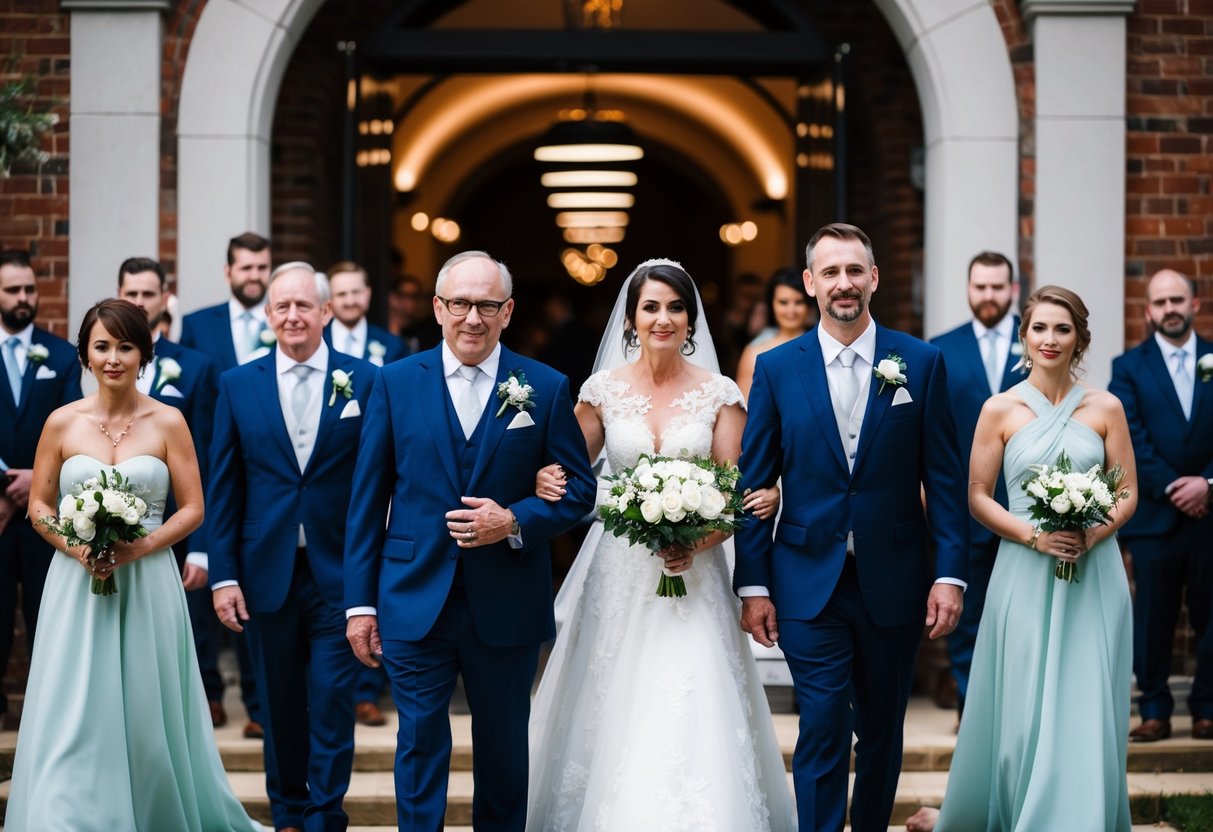 A modern wedding procession with the bride's parents entering first, followed by the groom's parents, and then the groom and his groomsmen