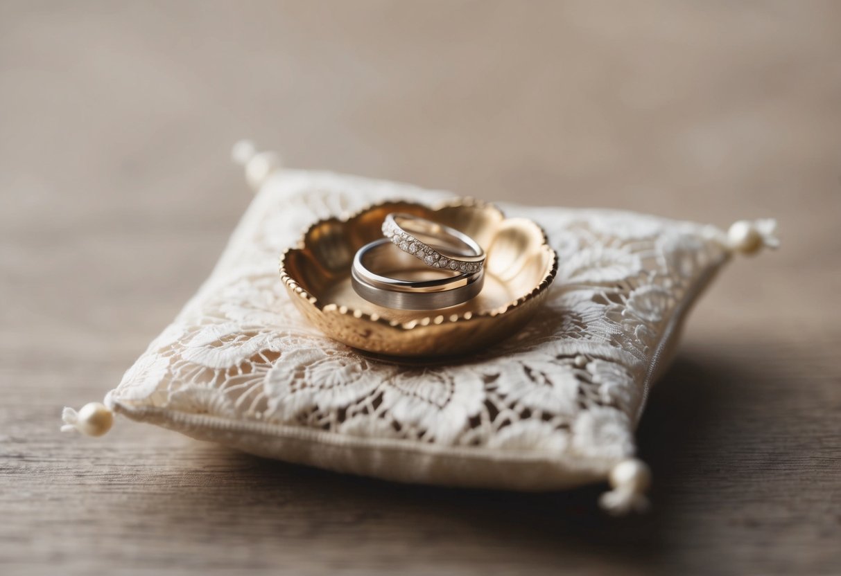 A small, ornate dish holds the wedding rings, resting on a delicate lace pillow