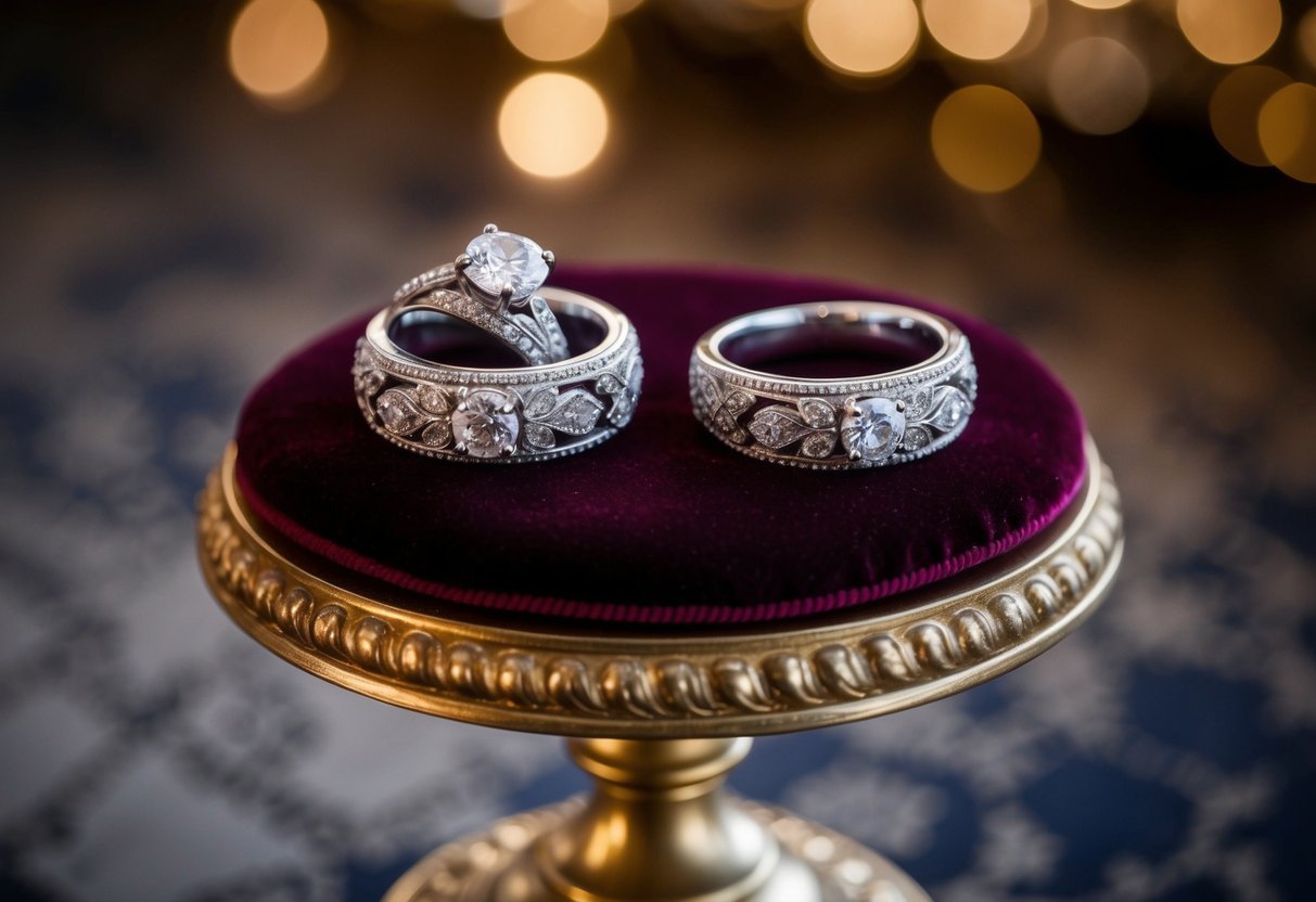 Two ornate ring pillows rest on a velvet cushion atop a gilded pedestal