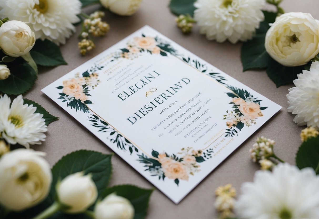 A wedding invitation with two elegant names centered on the card, surrounded by floral and ornate designs