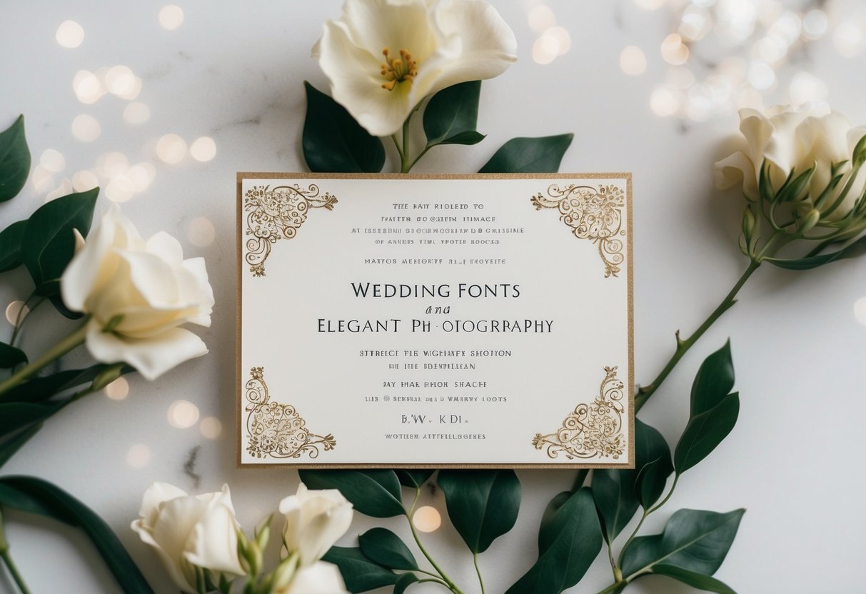 A wedding invitation layout with elegant fonts and decorative elements