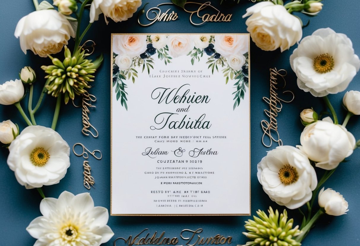A wedding invitation with the couple's names and details, surrounded by floral decorations and elegant script