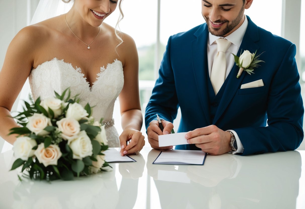 A bride and groom standing at a table, dividing up wedding expenses and writing checks