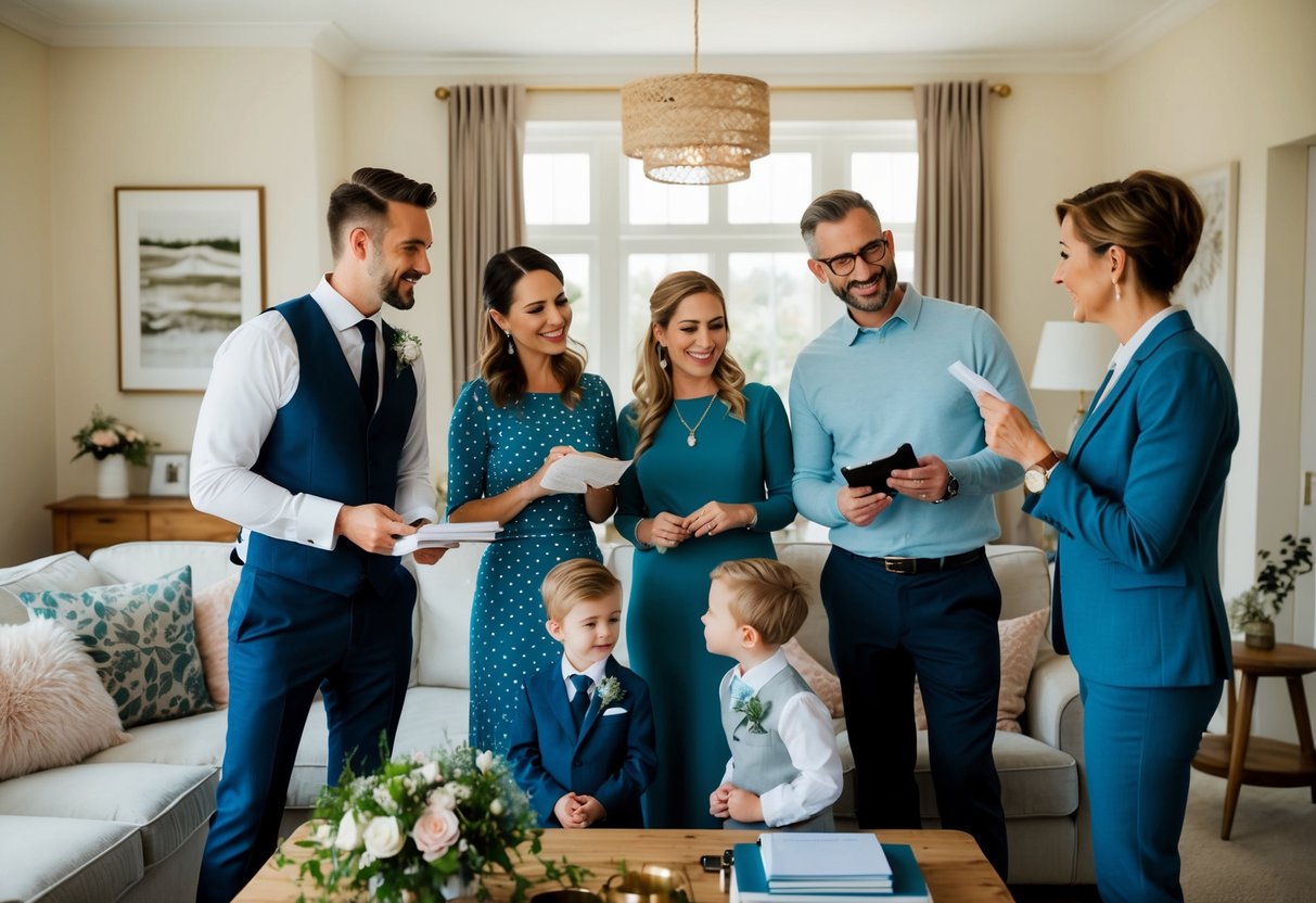 A couple and their families discussing wedding expenses and personal touches in a cozy living room with a wedding planner