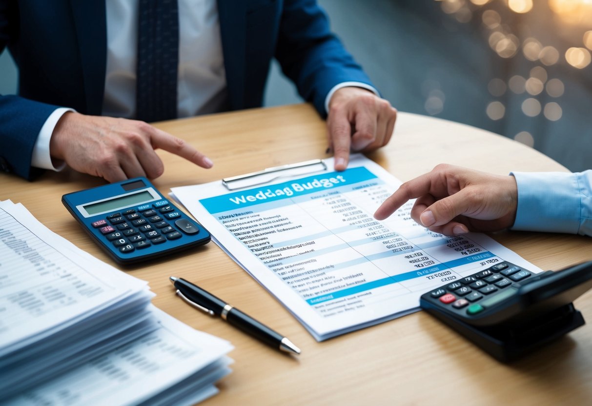 A table with a wedding budget spreadsheet, a stack of bills, and a calculator. Two people discussing and pointing at the spreadsheet