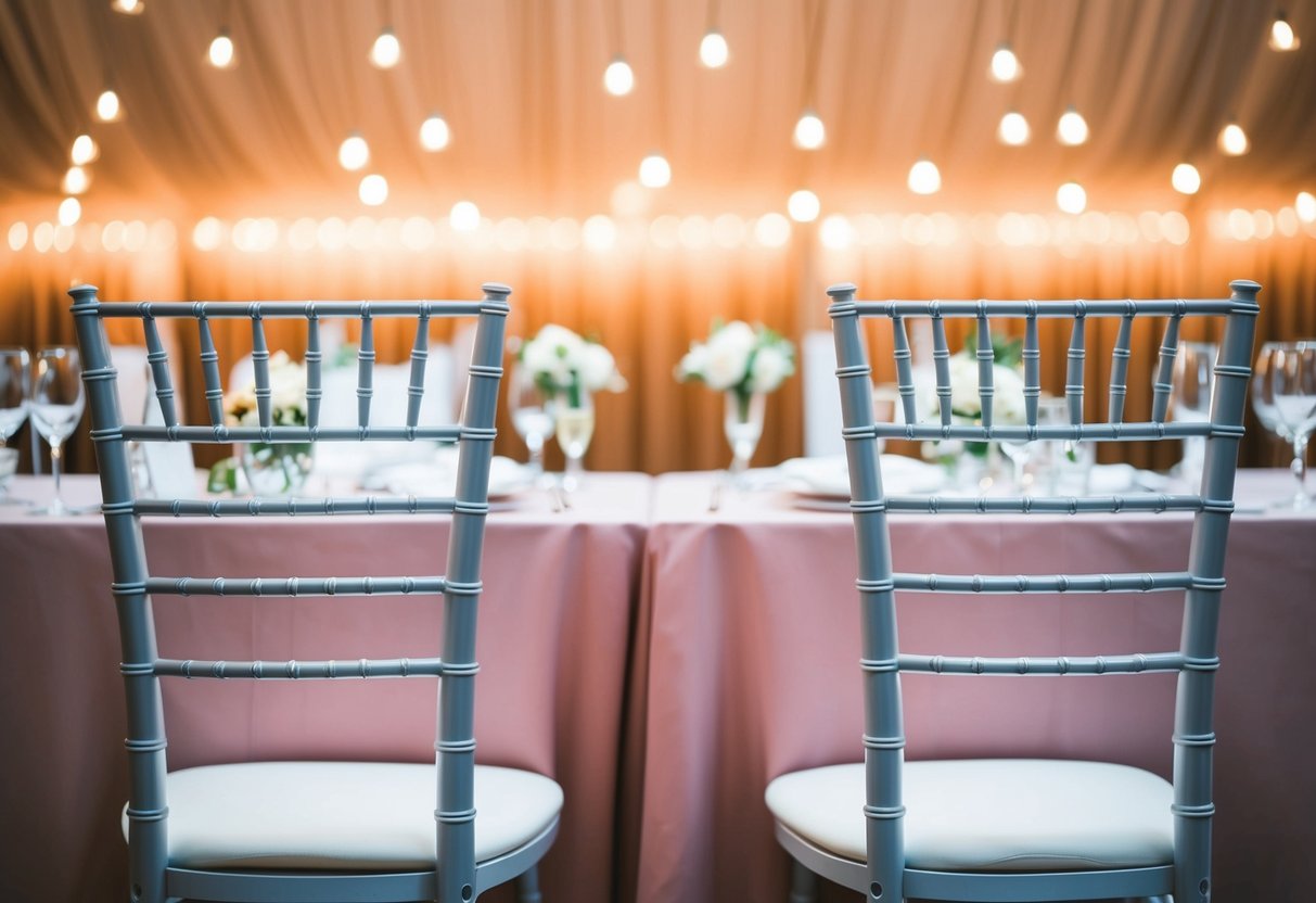 Two empty chairs flank the bride and groom at the head table