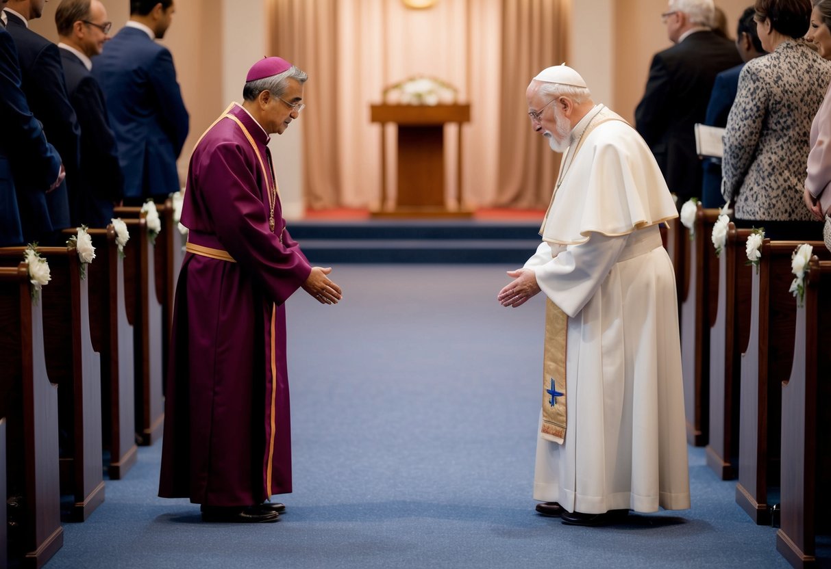 A figure from one culture and another from a different religion stand at opposite ends of the aisle, both hesitating to take the first step