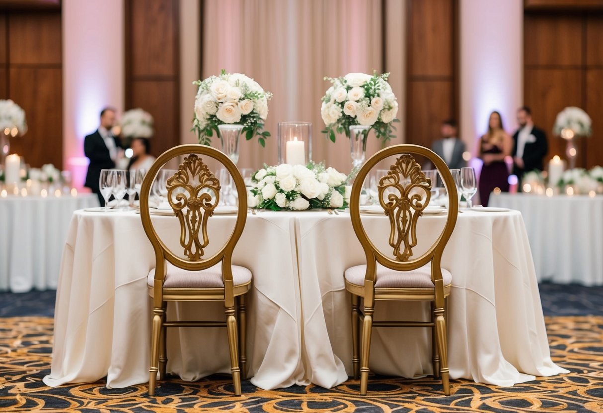 A beautifully decorated table with two ornate chairs at the center of the reception hall