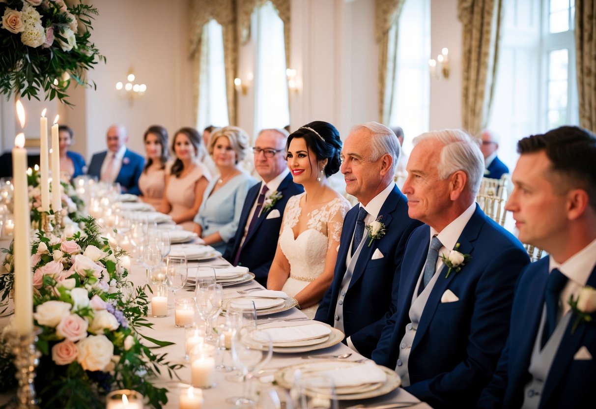 The bride and groom's families seated at a long, elegant table with ornate chairs, surrounded by floral centerpieces and soft candlelight