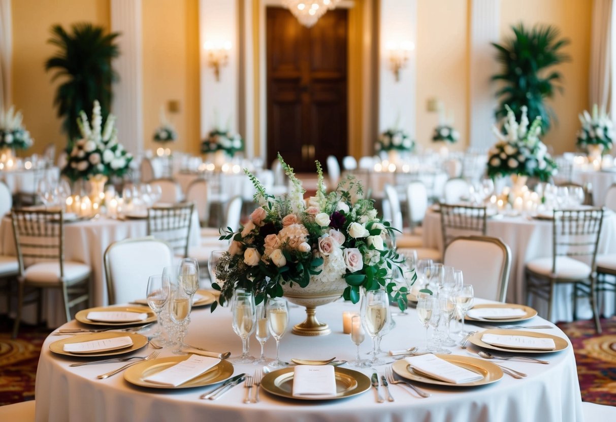 A grand table adorned with elegant floral arrangements and fine china, set at the center of a lavishly decorated reception hall
