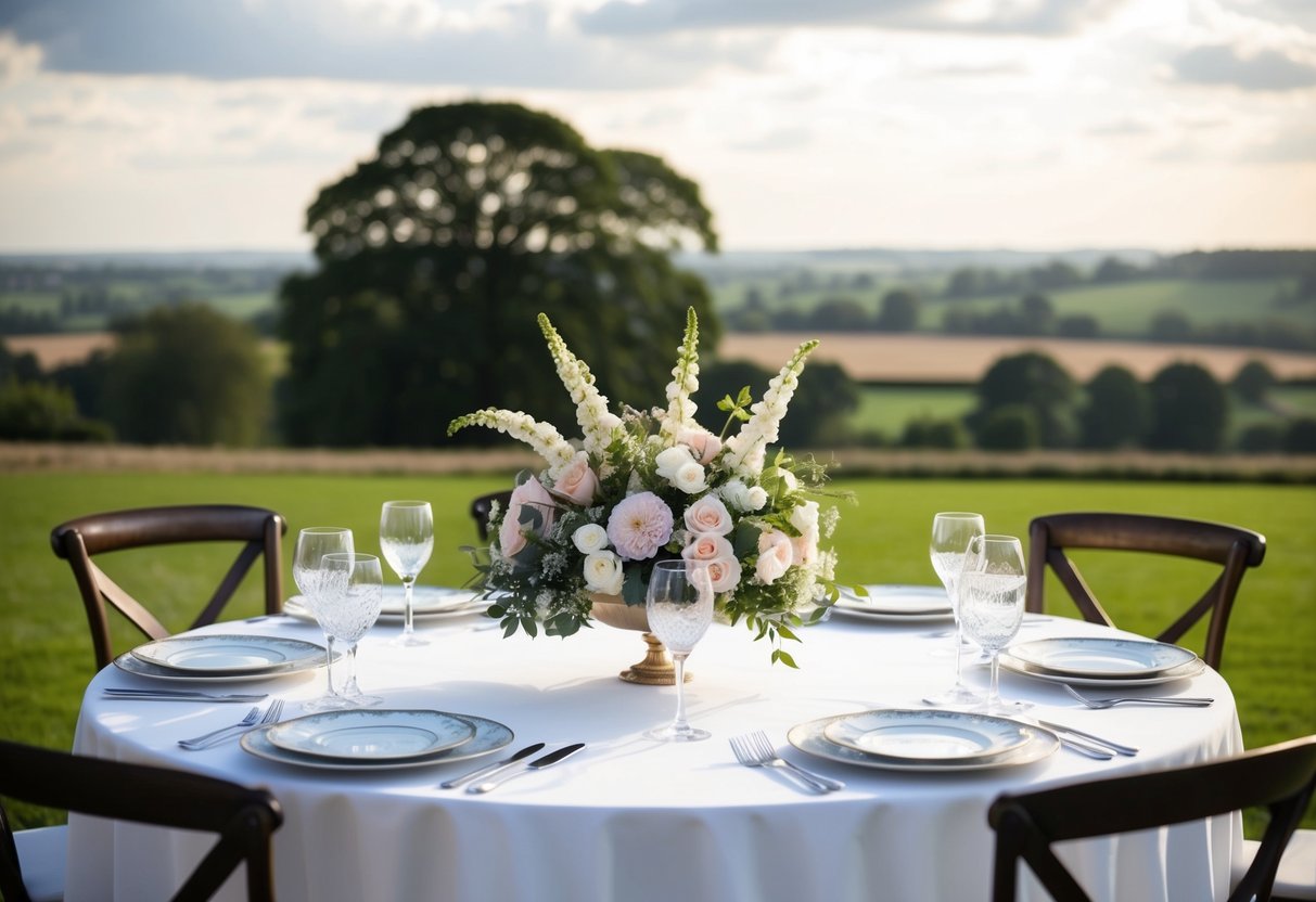 A grand table adorned with elegant floral centerpieces and fine china, set against a backdrop of a picturesque English countryside
