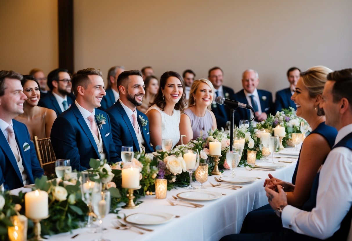 Guests chat and laugh at a long table adorned with flowers and candles. A microphone stands ready for speeches