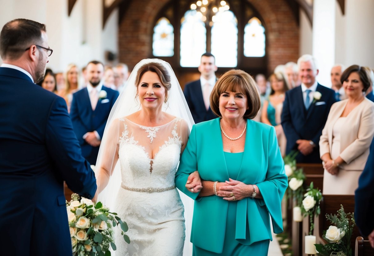 The mother of the groom is escorted down the aisle by a family member or close friend