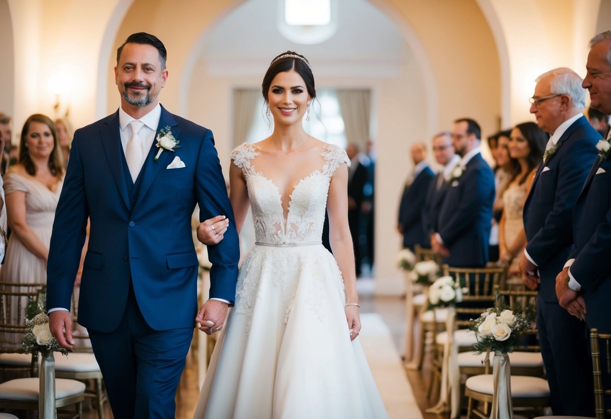 A woman in an elegant dress walks down the aisle, escorted by a male figure