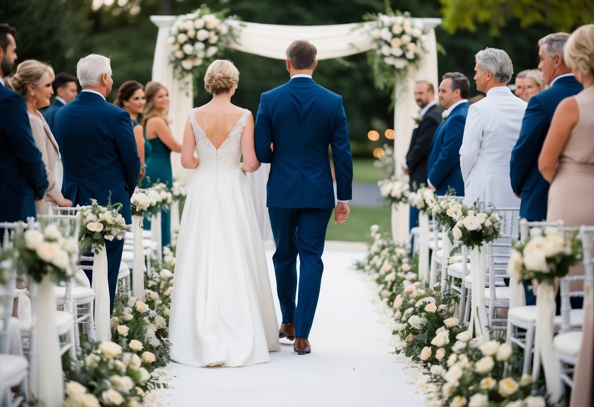 A figure in formal attire leads the mother of the groom down the aisle, surrounded by a path lined with flowers and elegant decor
