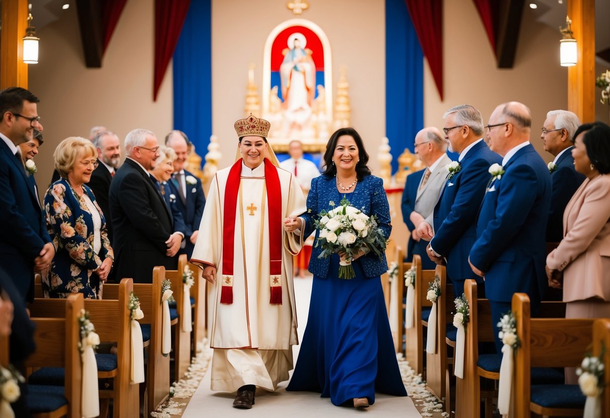 A figure leads the mother of the groom down the aisle, surrounded by symbols of cultural and religious significance