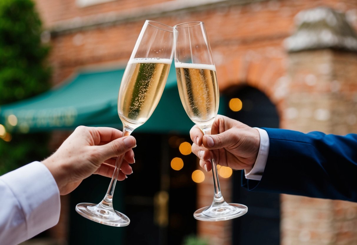 A champagne glass is raised towards another, symbolizing a toast at a UK wedding